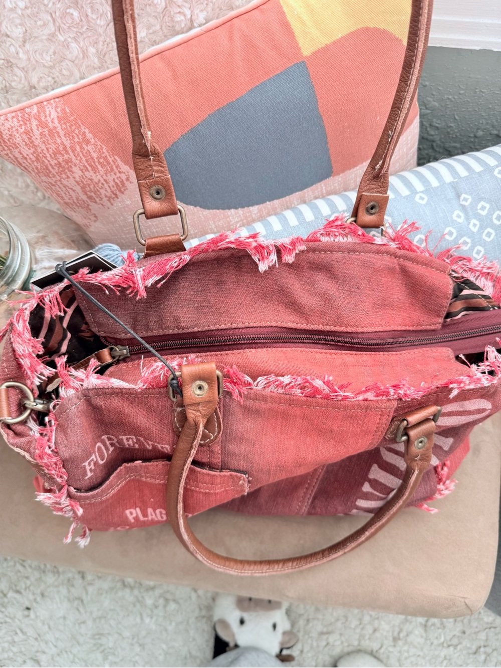 Myra Bag Rose Canvas Tote with Brown Handles and Frayed Trim - Picture 4 of 7